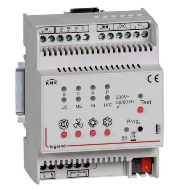 Контроллер KNX управления фанкоилами ON-OFF (3 скорости вентилятора 2 клапана ON-OFF допбинарный вход) DIN 4мод. Leg 002697 