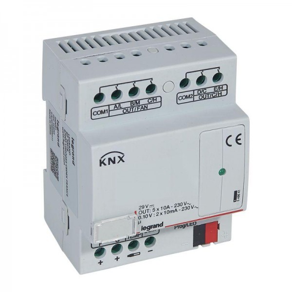  Контроллер KNX управления фанкоилами 0-10В (3 скорости вентилятора 2 клапана 0-10В) DIN 4мод. Leg 049041 