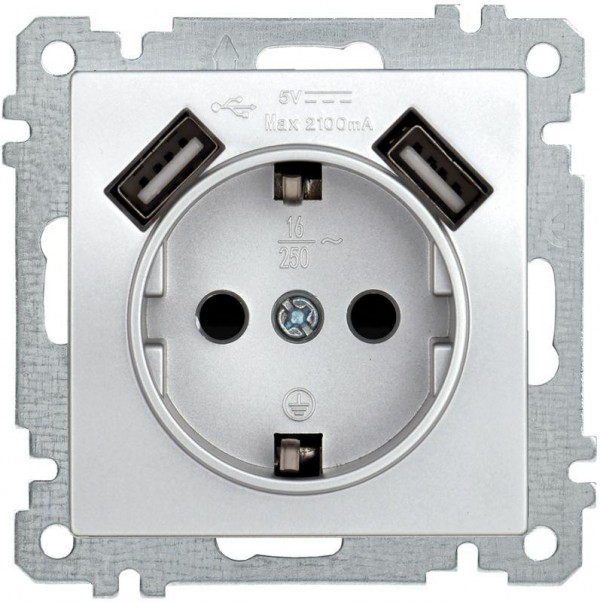  Механизм розетки СП BOLERO Рюш10-1-Б 16А защ. шторки с заземл. USBх2 2.1А серебр. ИЭК ERB14-K23-16-U2 