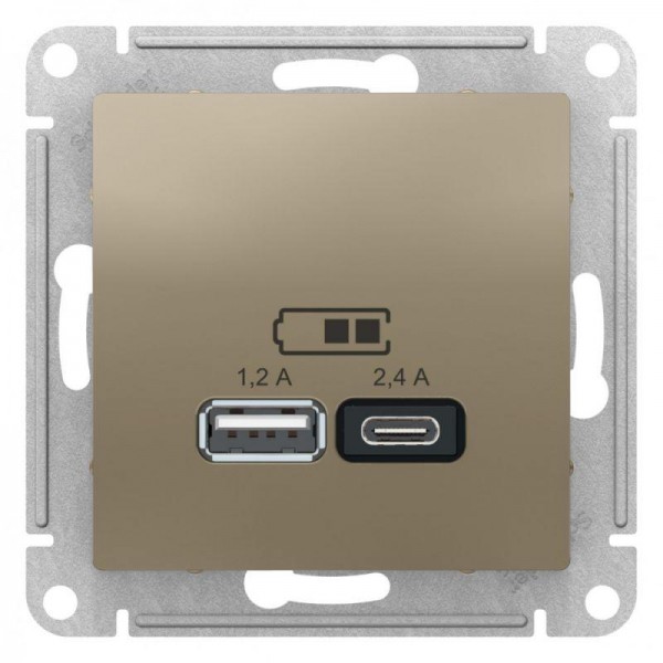  Механизм розетки USB AtlasDesign A+С 5В/2.4А 2х5В/1.2А шампань SchE ATN000539 